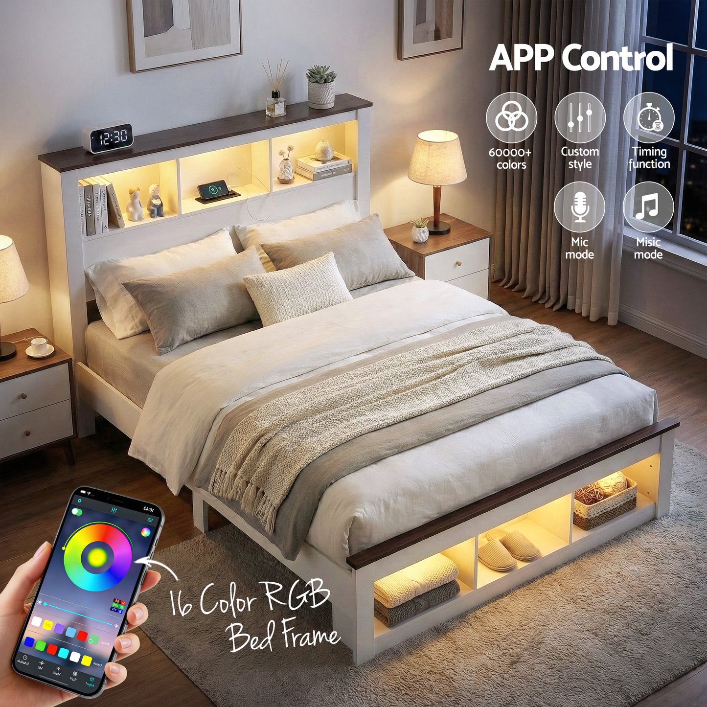 Artiss Queen Bed Frame with Storage Bookcase Headboard and Footboard White Wooden Platform Bed with Charging Station and Led Light Bedroom Furniture-5