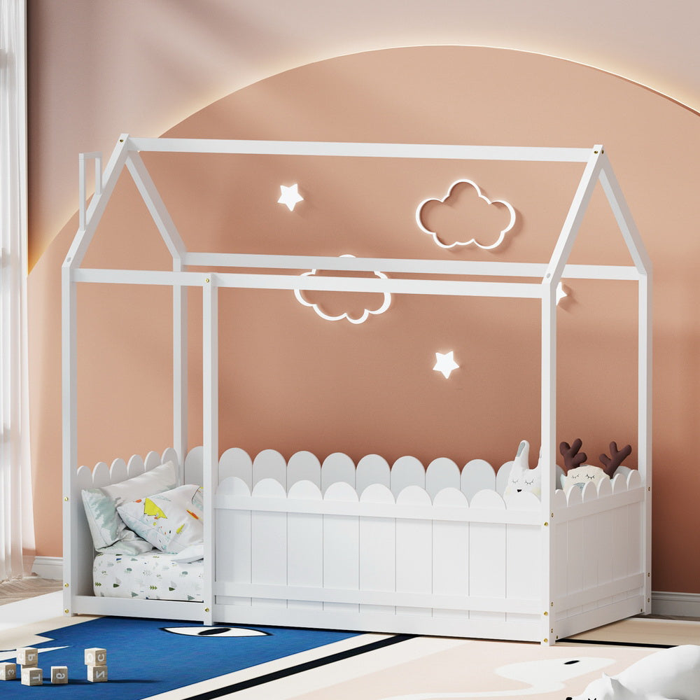 Artiss Bed Frame Wooden Kids House Single Frame White KORI-6