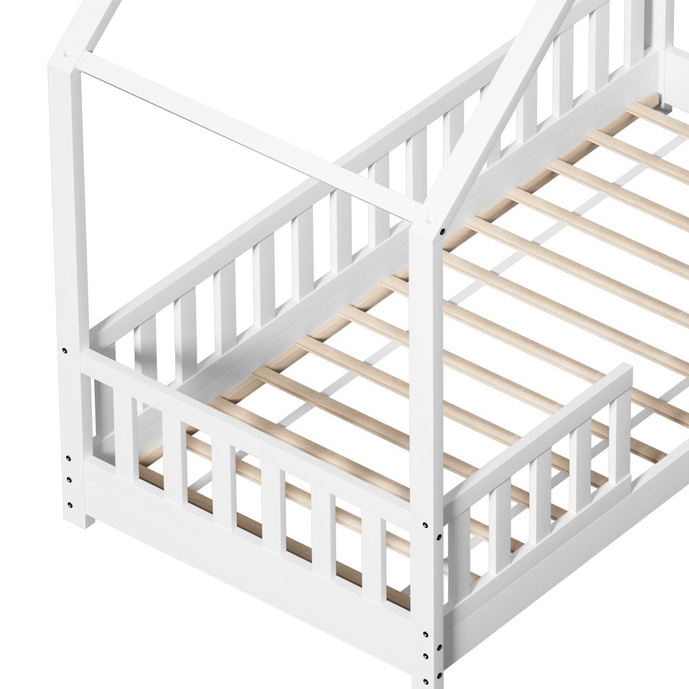 Artiss Bed Frame Wooden Kids House Single Frame White PAVO-3