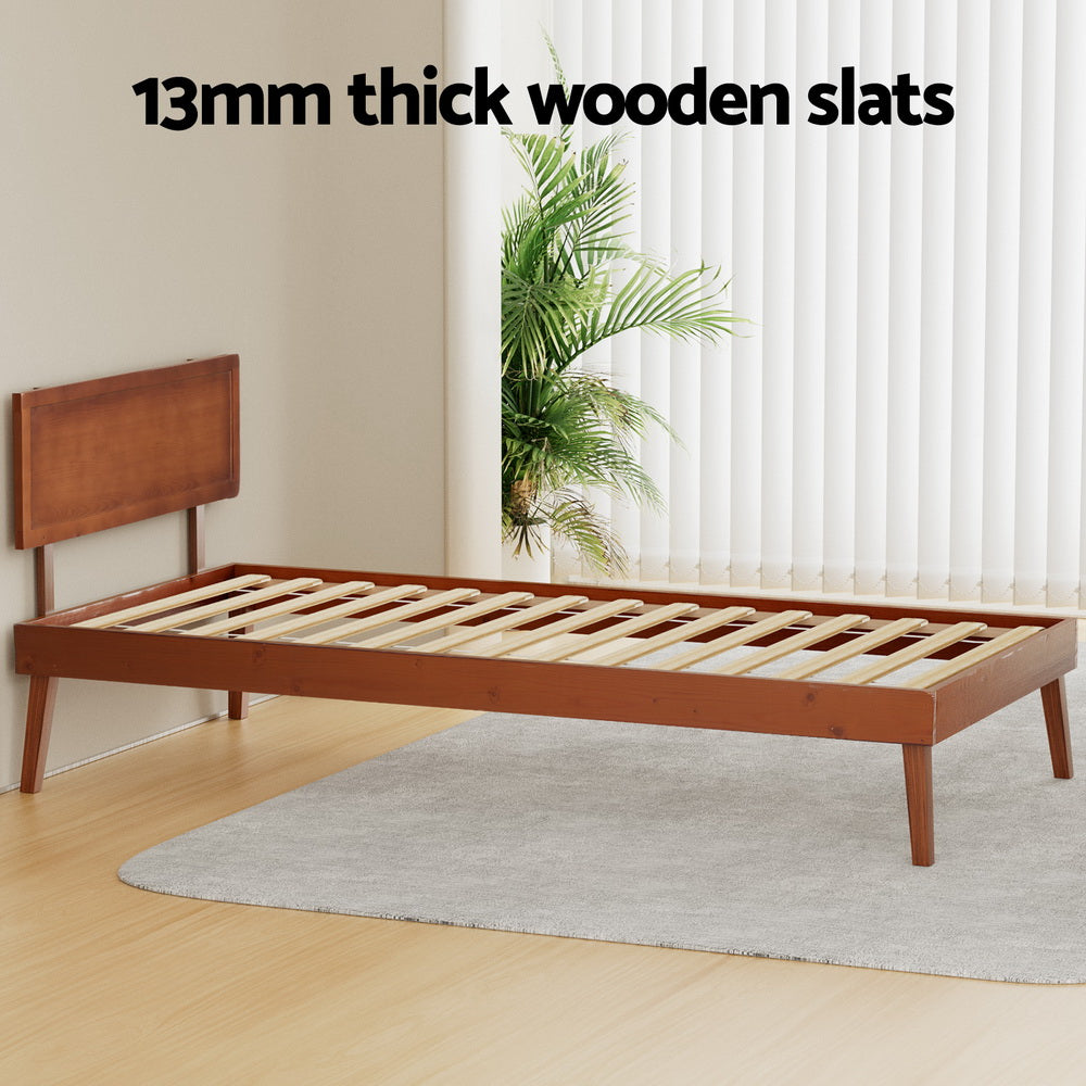 Artiss Bed Frame Single Size Wooden Bed Base Walnut SPLAY-4