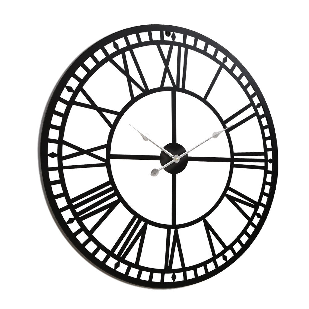 Artiss 60cm Wall Clock Large Roman Numerals Metal Black-2