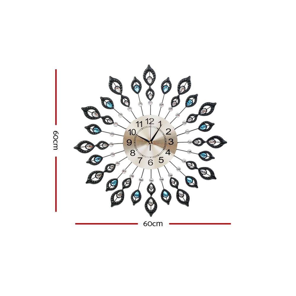 Artiss 60cm Wall Clock Large 3D Peacock Crystal Silver-1