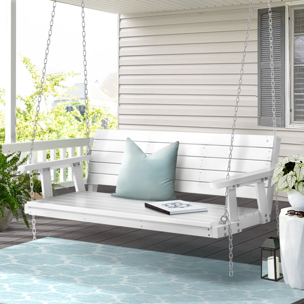 Gardeon Porch Swing Chair with Chain Outdoor Furniture 3 Seater Bench Wooden White-7