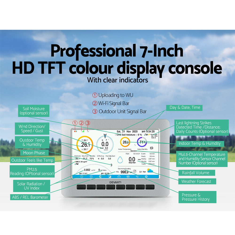 Devanti Weather Station Ultrasonic Anemometer Outdoor WiFi Rain Gauge Solar-2