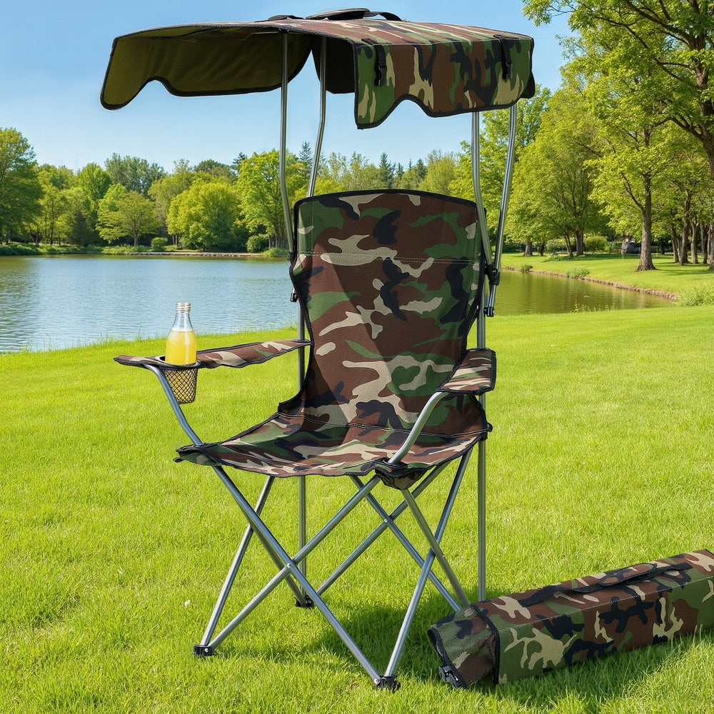 Weisshorn Camping Chair With Canopy Folding Outdoor Portable Seat Lightweight Beach Picnic Fishing Capacity 120KG Army Green-0