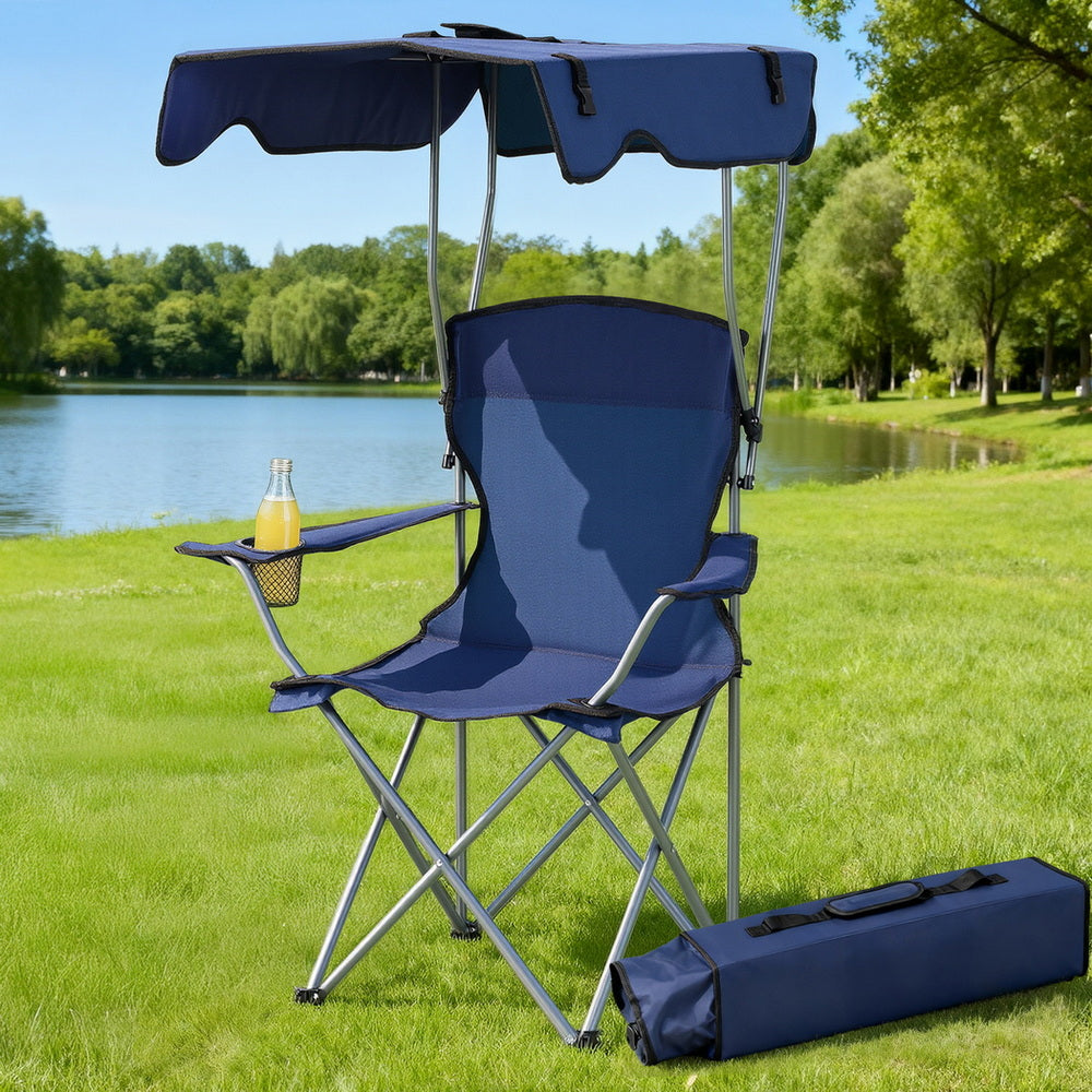 Weisshorn Camping Chair With Canopy Folding Outdoor Portable Seat Lightweight Beach Picnic Fishing Capacity 120KG Navy Blue-0