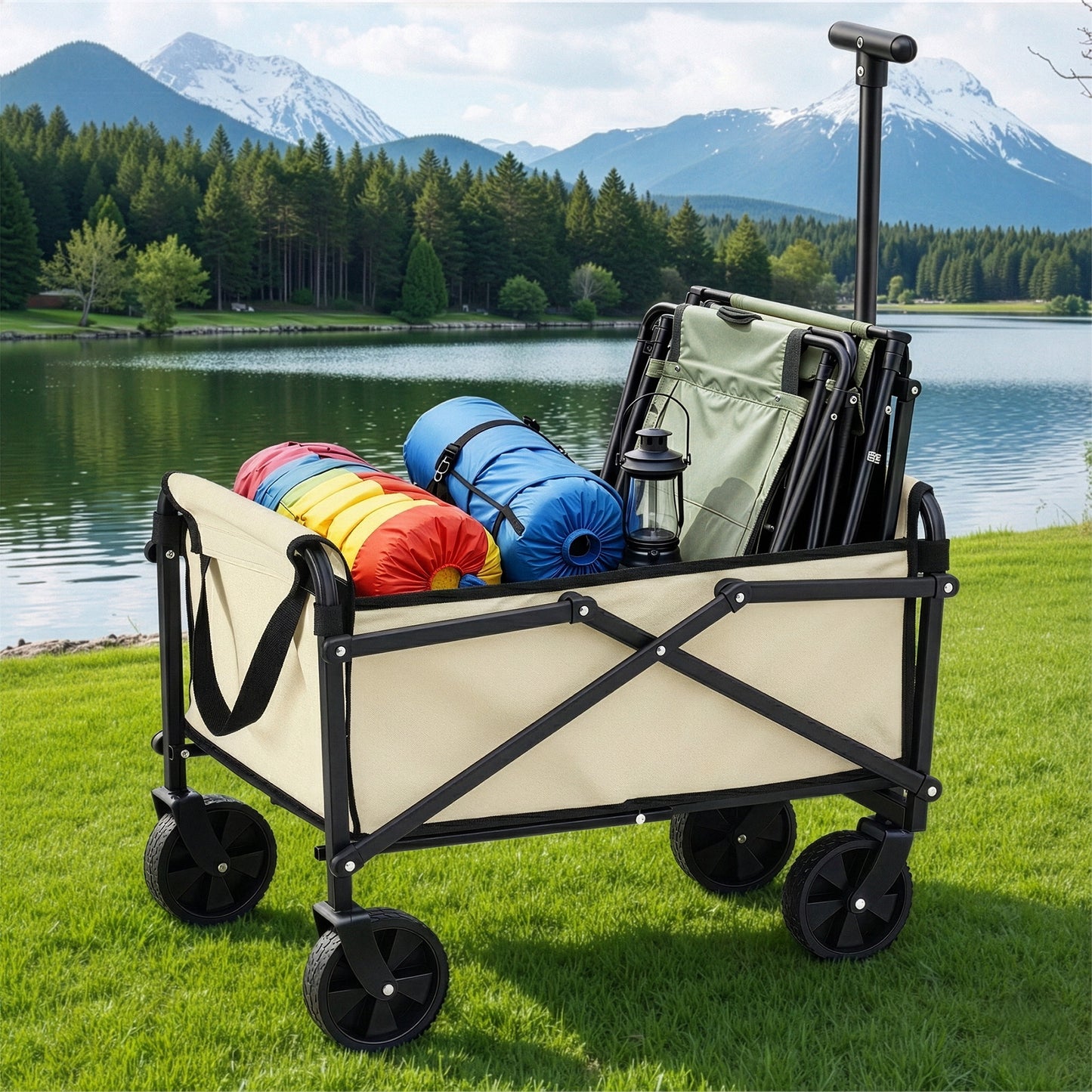Gardeon Garden Cart Folding Trolley Camping Wagon Barrow Outdoor Beach Beige-0