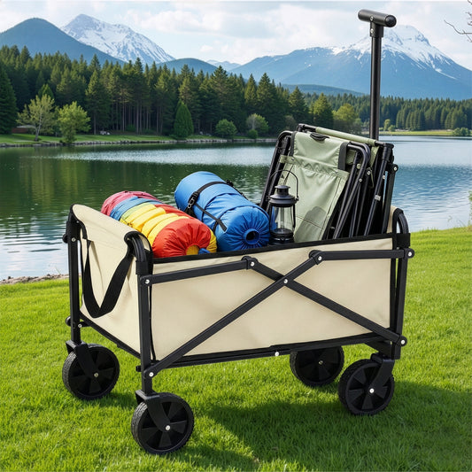 Gardeon Garden Cart Folding Trolley Camping Wagon Barrow Outdoor Beach Beige-0