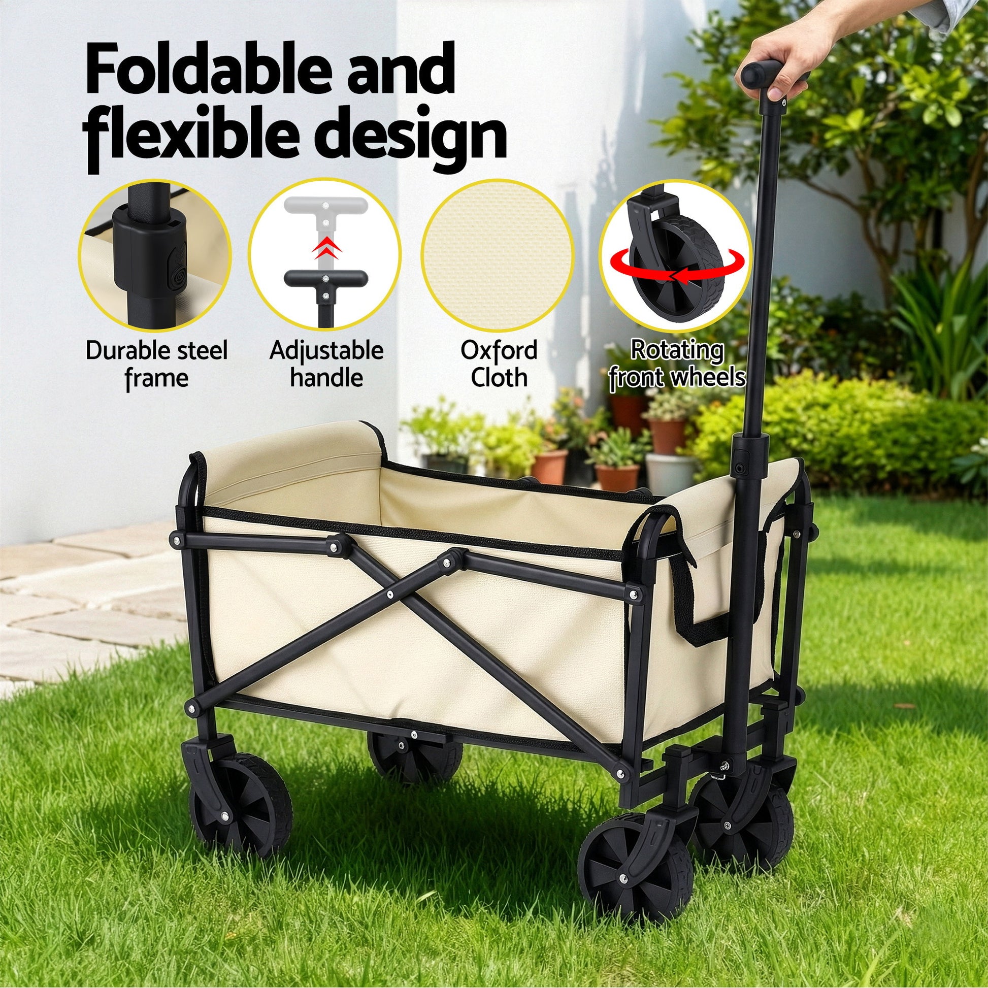 Gardeon Garden Cart Folding Trolley Camping Wagon Barrow Outdoor Beach Beige-4