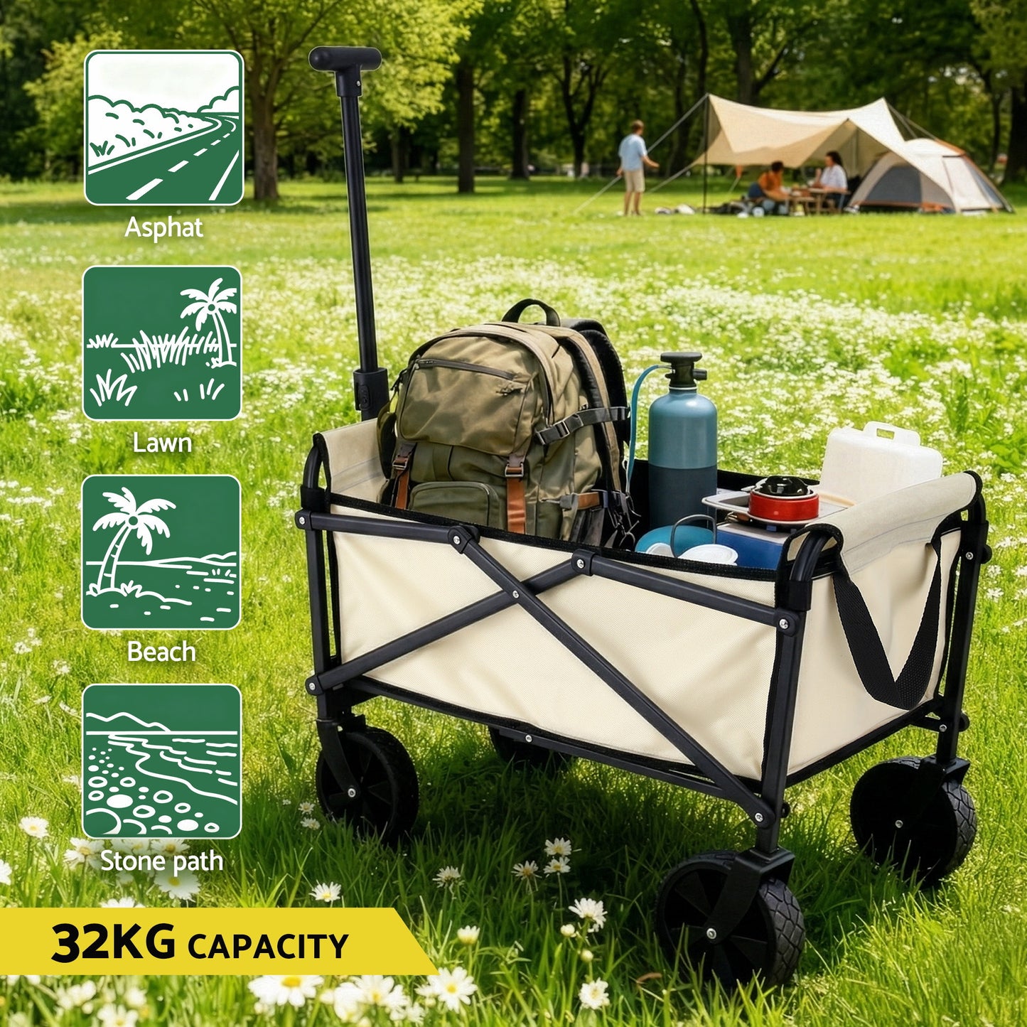 Gardeon Garden Cart Folding Trolley Camping Wagon Barrow Outdoor Beach Beige-6