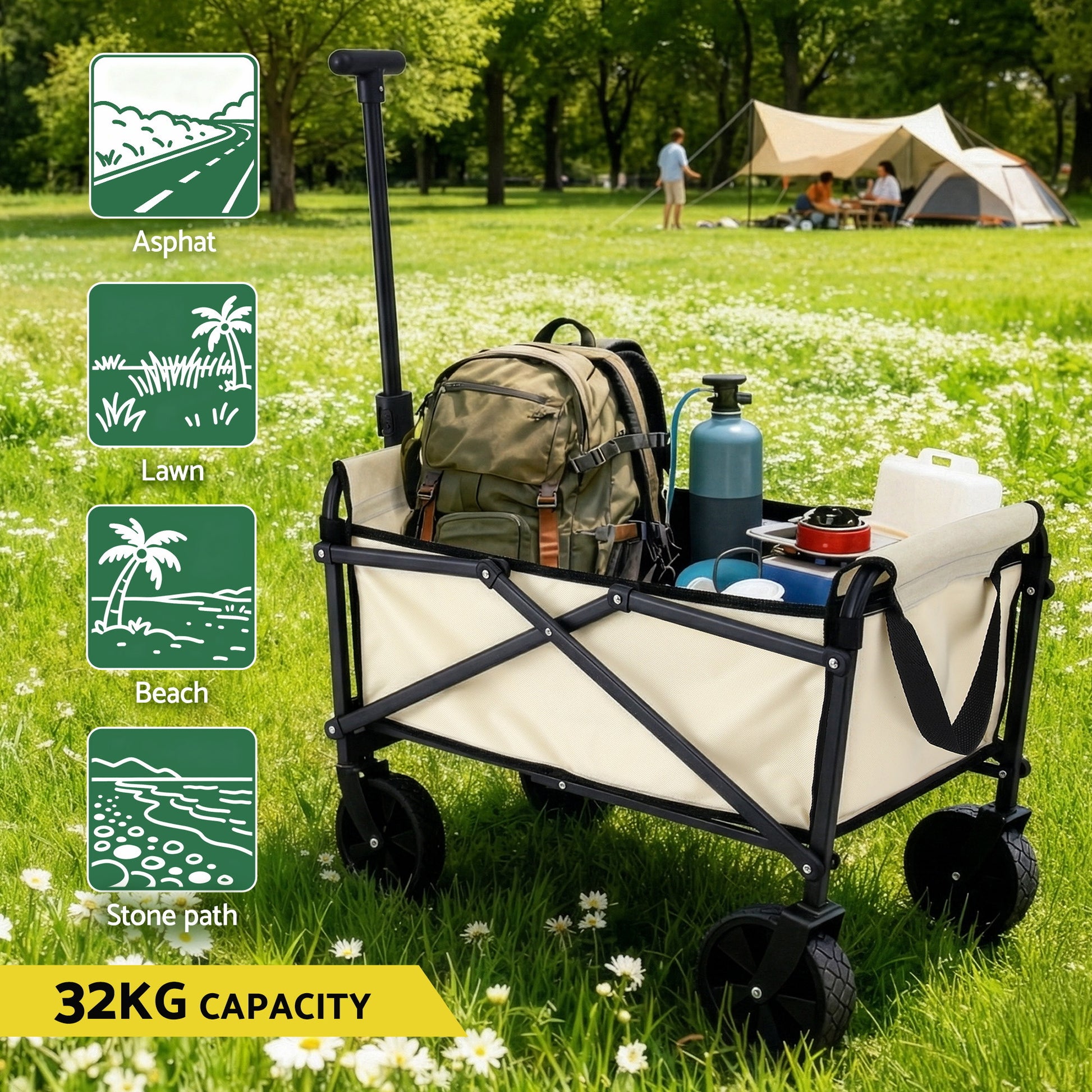 Gardeon Garden Cart Folding Trolley Camping Wagon Barrow Outdoor Beach Beige-6