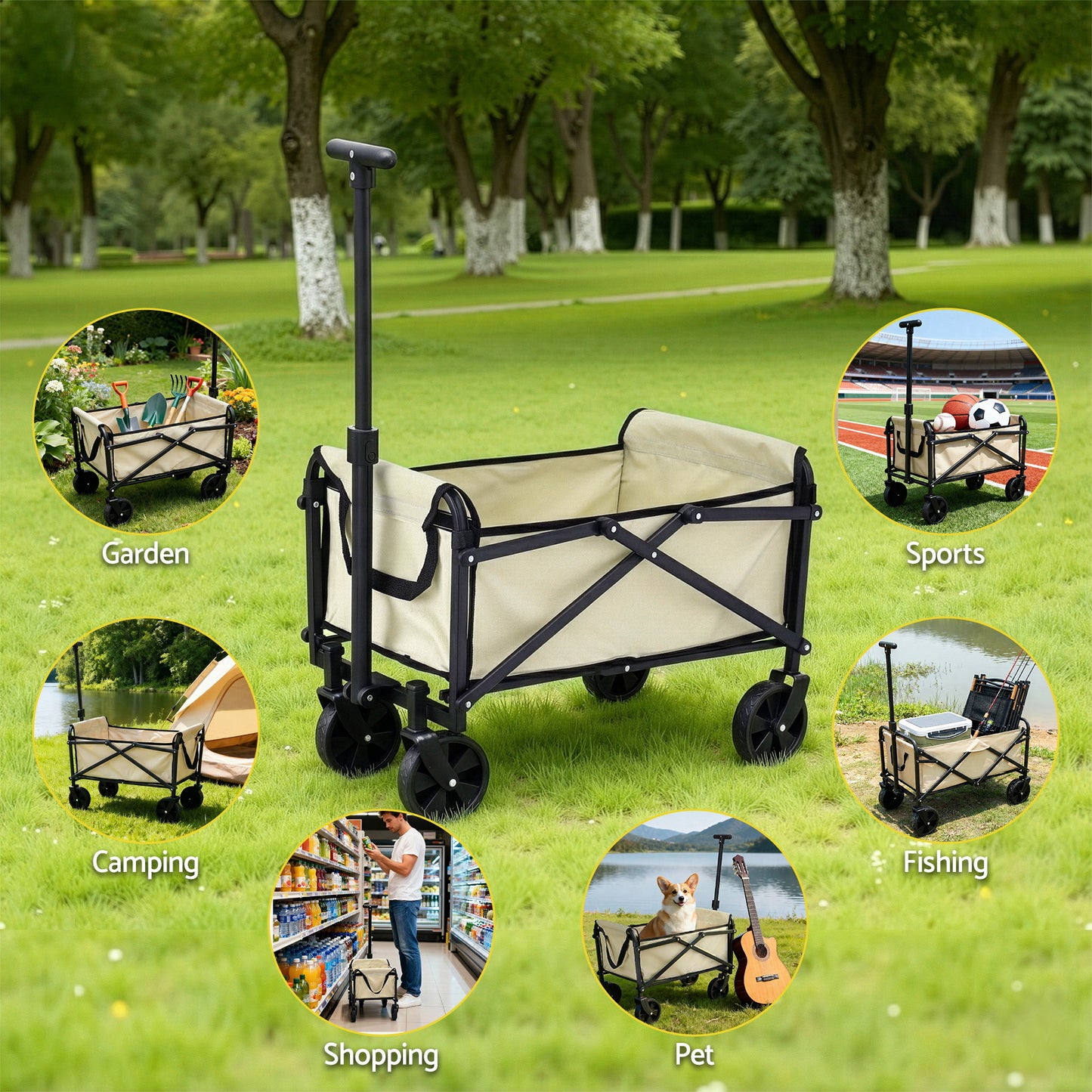 Gardeon Garden Cart Folding Trolley Camping Wagon Barrow Outdoor Beach Beige-8