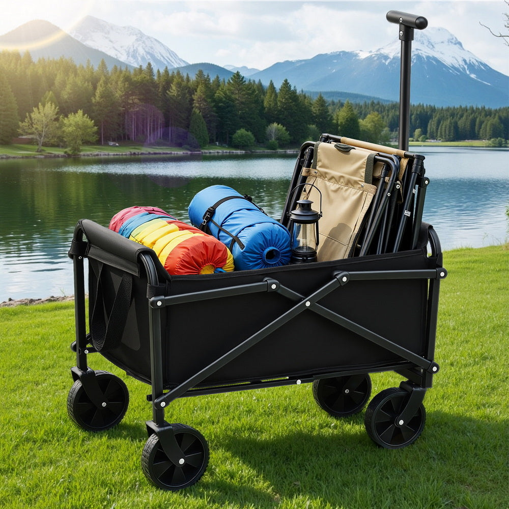 Gardeon Garden Cart Folding Trolley Camping Wagon Barrow Outdoor Beach Black-0