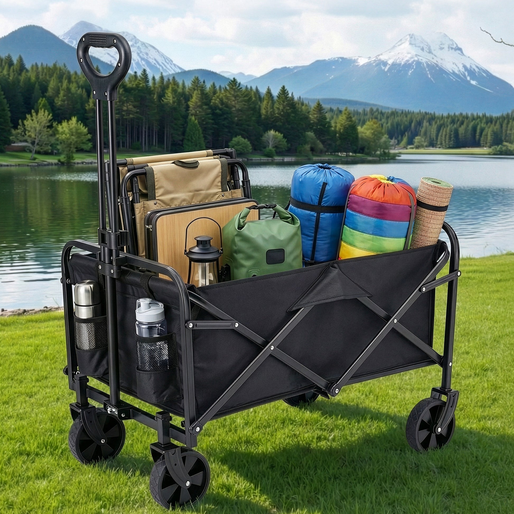Gardeon Garden Cart Folding Trolley Camping Wagon Barrow Outdoor Beach Black-0