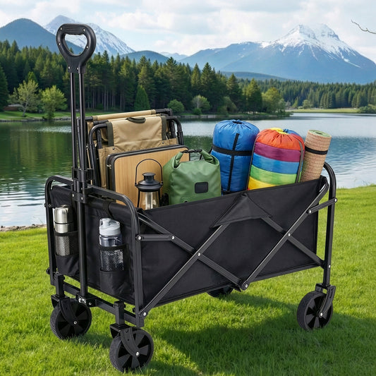 Gardeon Garden Cart Folding Trolley Camping Wagon Barrow Outdoor Beach Black-0