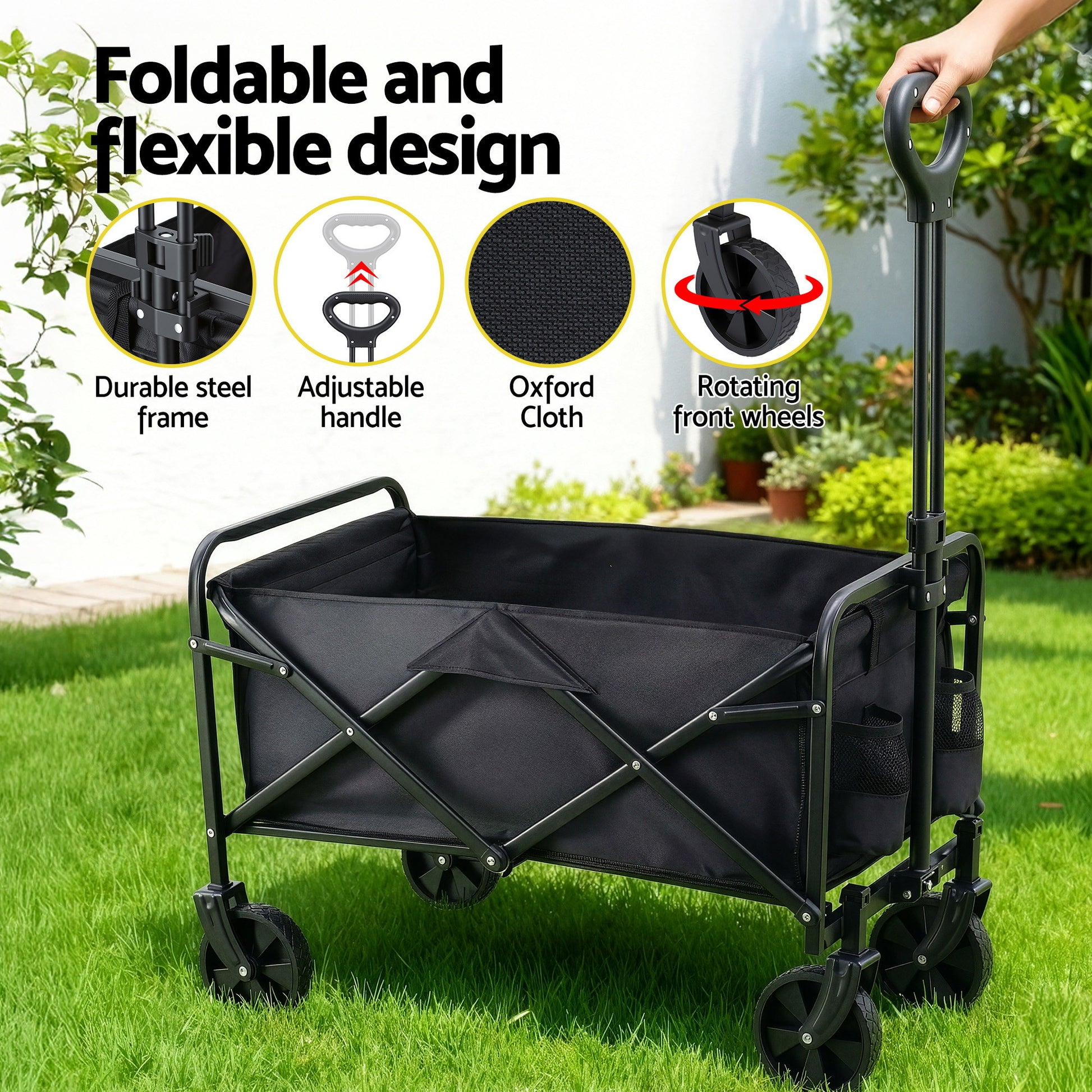 Gardeon Garden Cart Folding Trolley Camping Wagon Barrow Outdoor Beach Black-4
