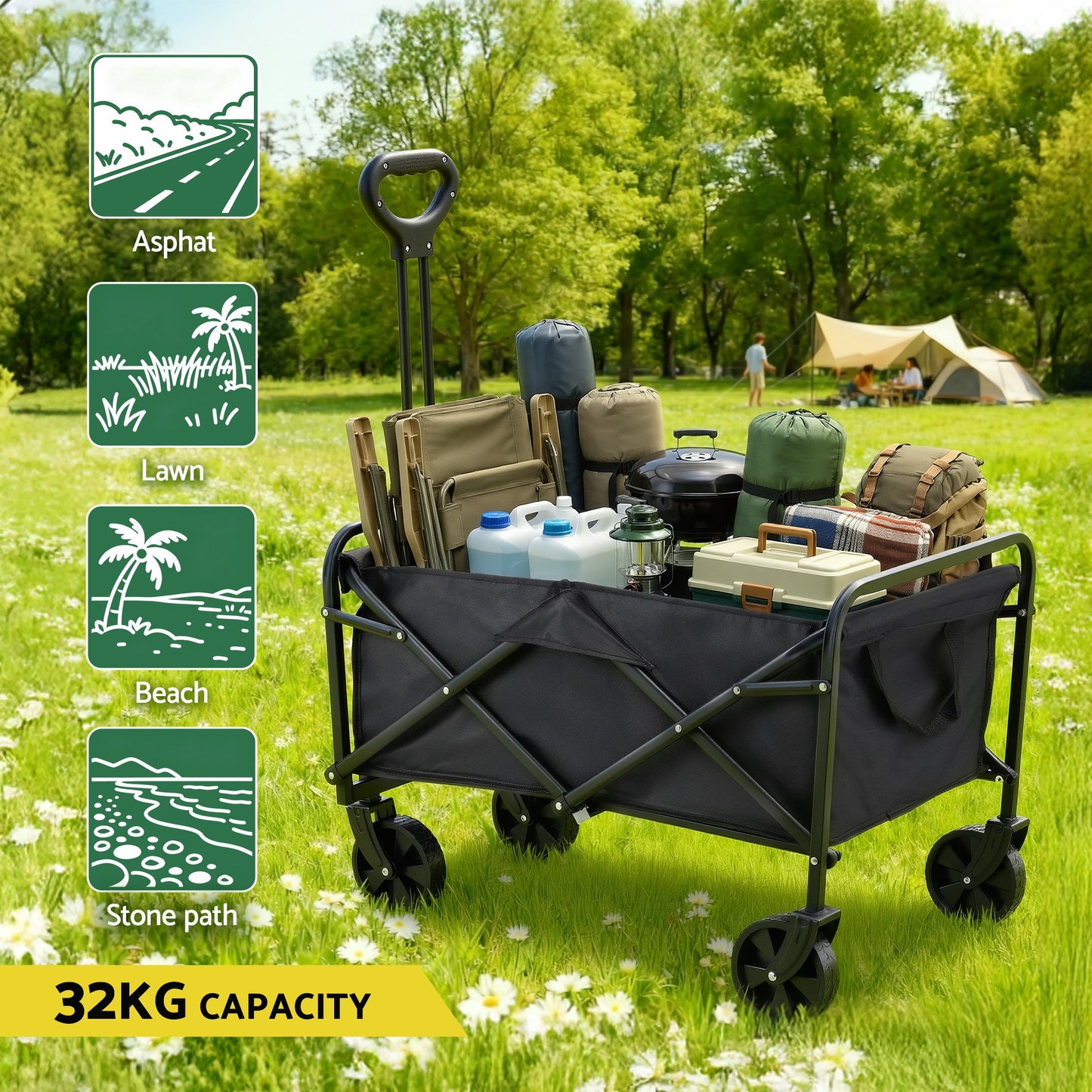 Gardeon Garden Cart Folding Trolley Camping Wagon Barrow Outdoor Beach Black-5