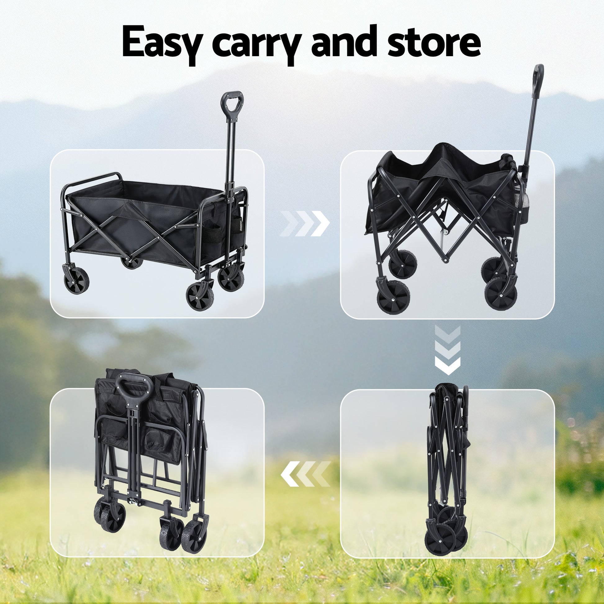 Gardeon Garden Cart Folding Trolley Camping Wagon Barrow Outdoor Beach Black-6