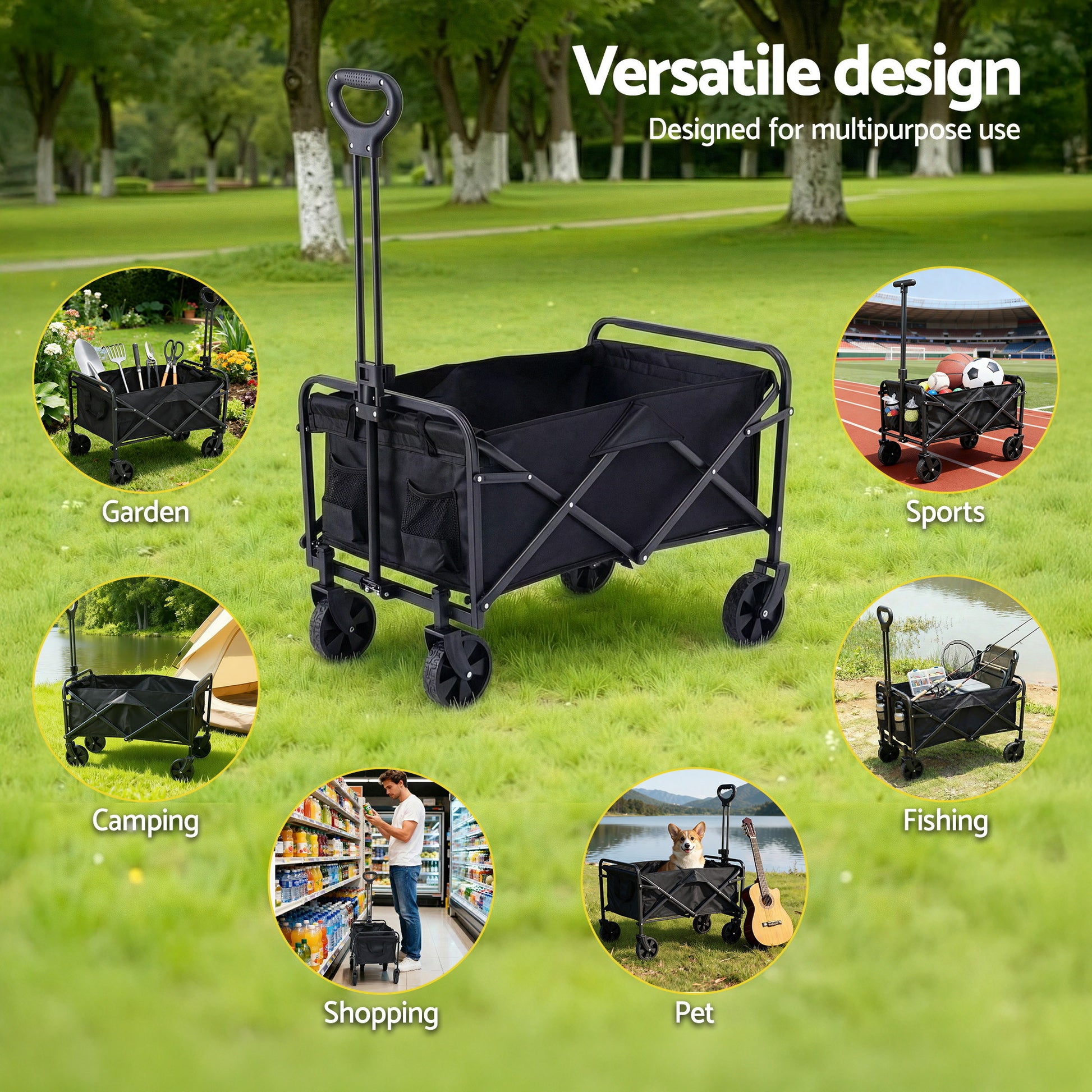 Gardeon Garden Cart Folding Trolley Camping Wagon Barrow Outdoor Beach Black-7