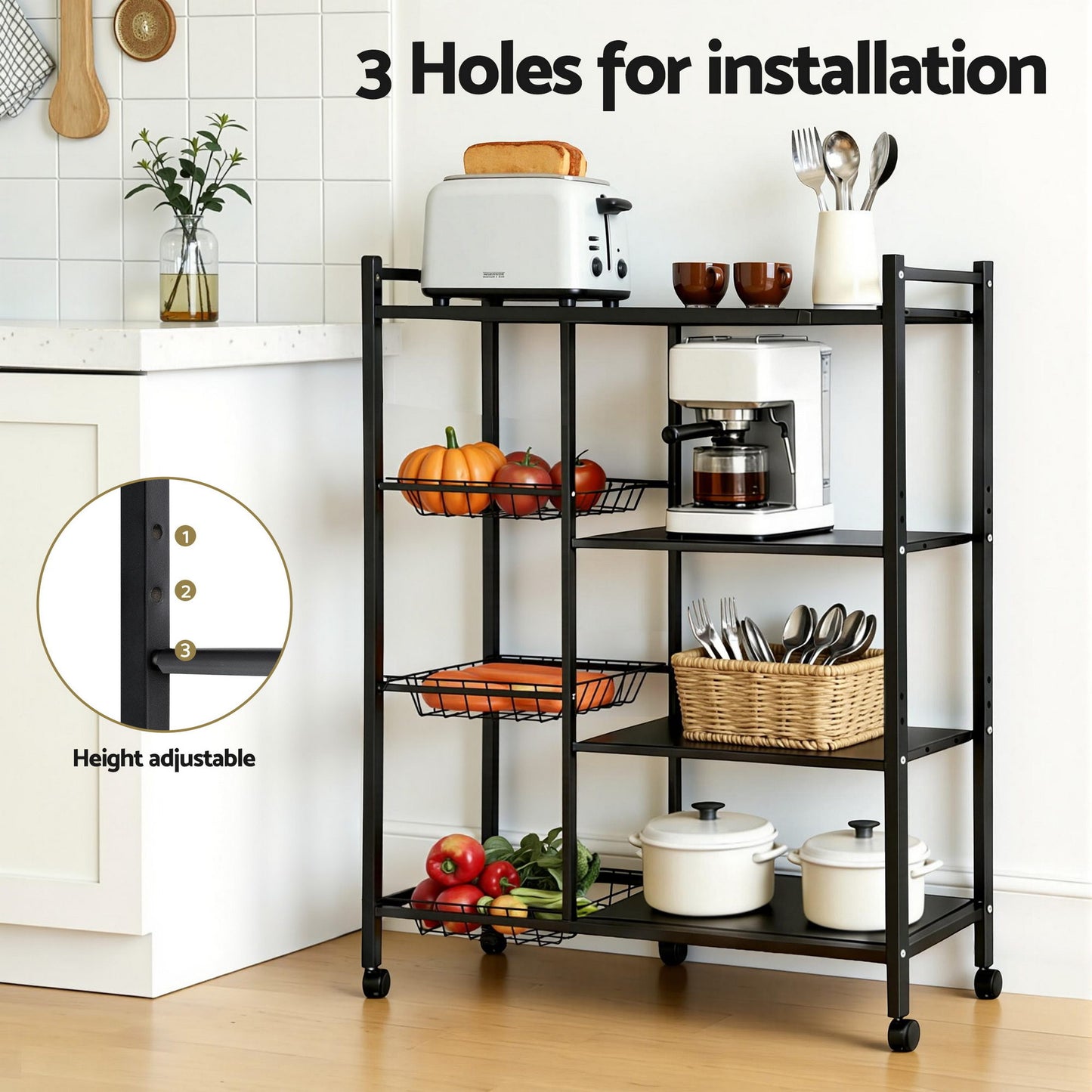 Artiss 4-Tier Kitchen Rack Microwave Bakers Storage Shelf with 3 Baskets Wheels