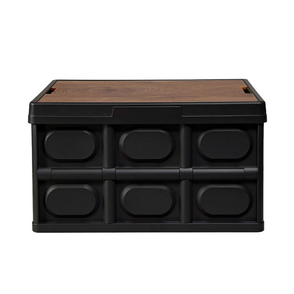 Gardeon Collapsible Outdoor Storage Box 50L Stackable Folding Camping Organizer Plywood Lid Black-3