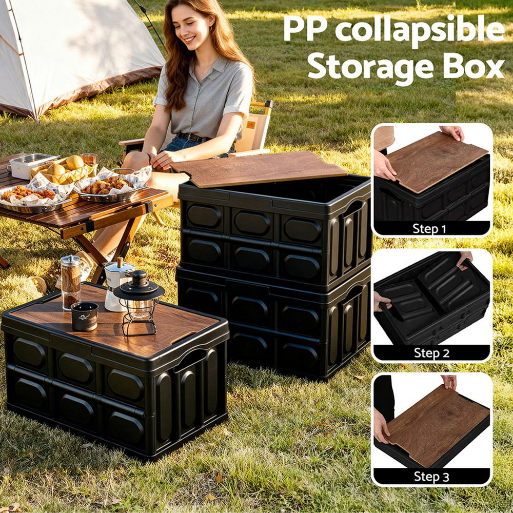 Gardeon Collapsible Outdoor Storage Box 50L Stackable Folding Camping Organizer Plywood Lid Black-4