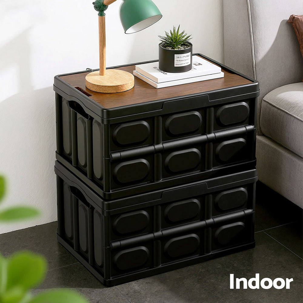 Gardeon Collapsible Outdoor Storage Box 50L Stackable Folding Camping Organizer Plywood Lid Black-6