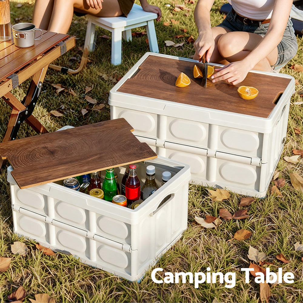 Gardeon Collapsible Outdoor Storage Box 50L Stackable Folding Camping Organizer Plywood Lid Beige-5