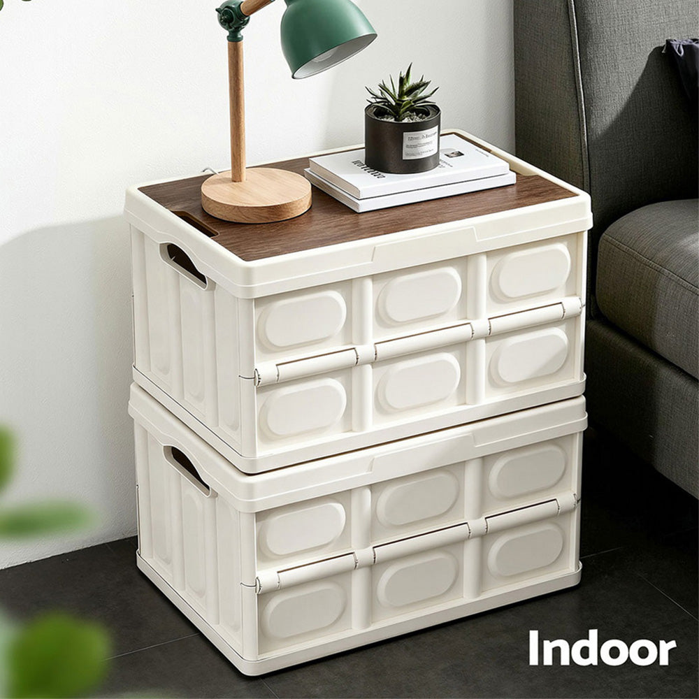 Gardeon Collapsible Outdoor Storage Box 50L Stackable Folding Camping Organizer Plywood Lid Beige-6