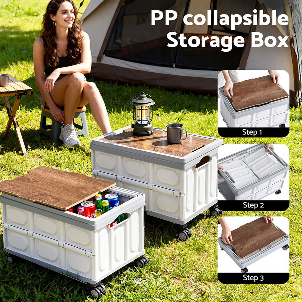 Gardeon Collapsible Outdoor Storage Box 54L Stackable Folding Camping Organizer Wheels Plywood Lid Beige-4