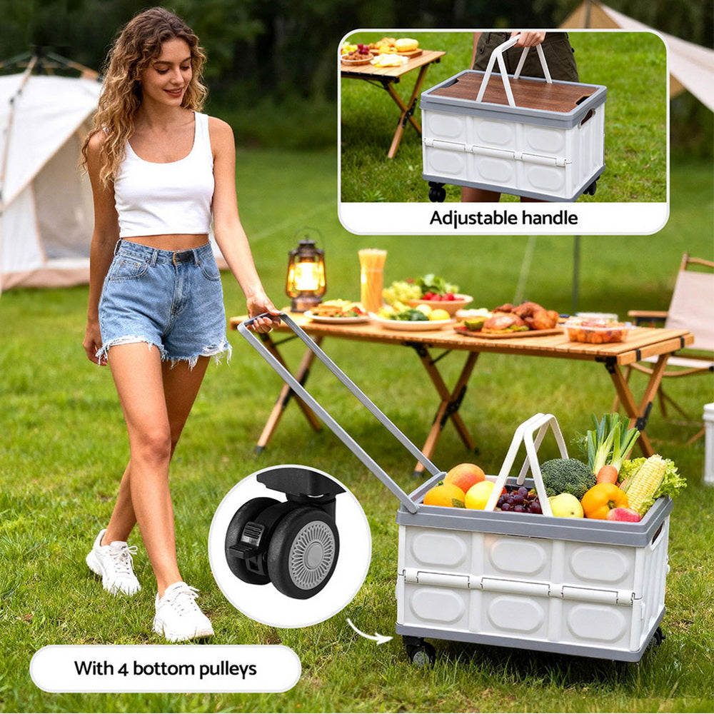 Gardeon Collapsible Outdoor Storage Box 54L Stackable Folding Camping Organizer Wheels Plywood Lid Beige-6