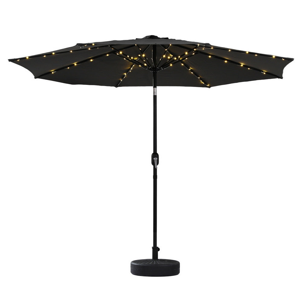 Instahut Outdoor Umbrella 2.9m Market Umbrella with Base String Light Black-1