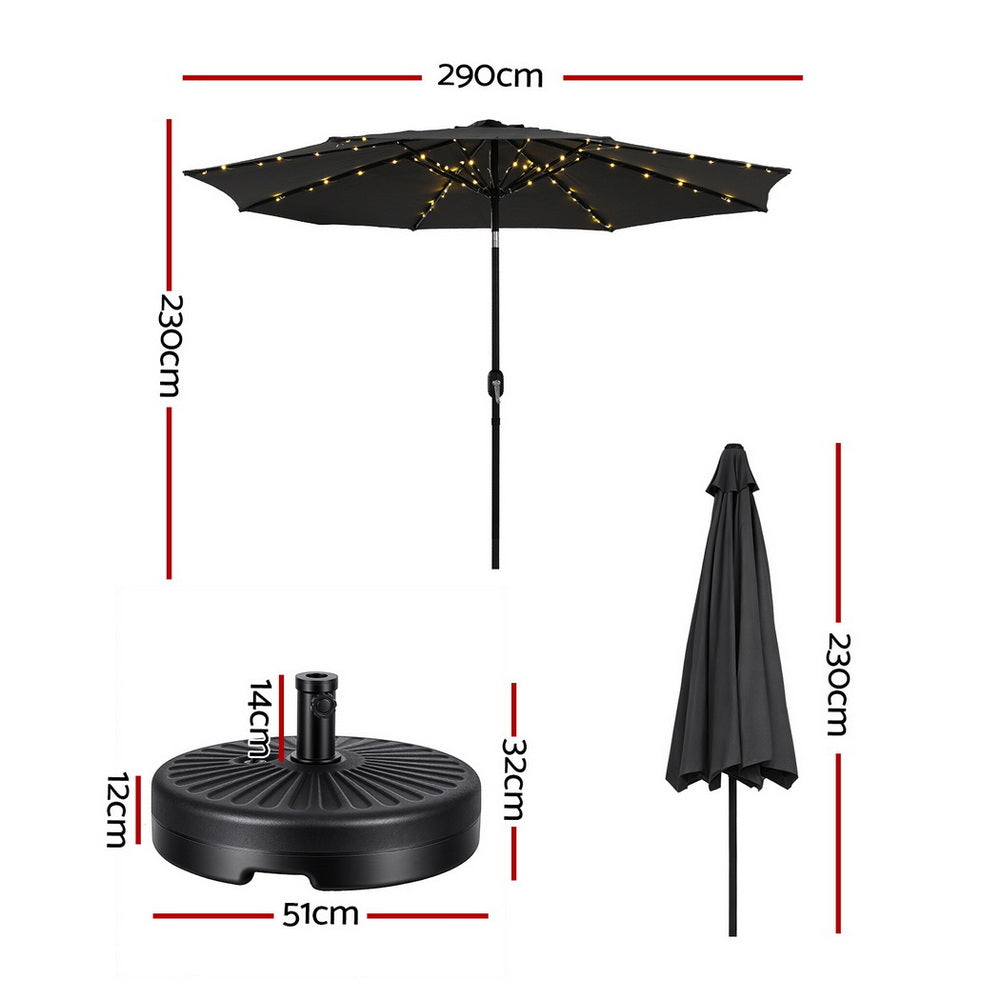 Instahut Outdoor Umbrella 2.9m Market Umbrella with Base String Light Black-2