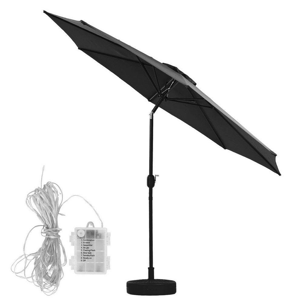 Instahut Outdoor Umbrella 2.9m Market Umbrella with Base String Light Black-3