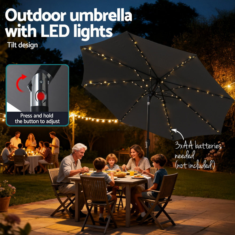 Instahut Outdoor Umbrella 2.9m Market Umbrella with String Light Tilt Charcoal Shade-5