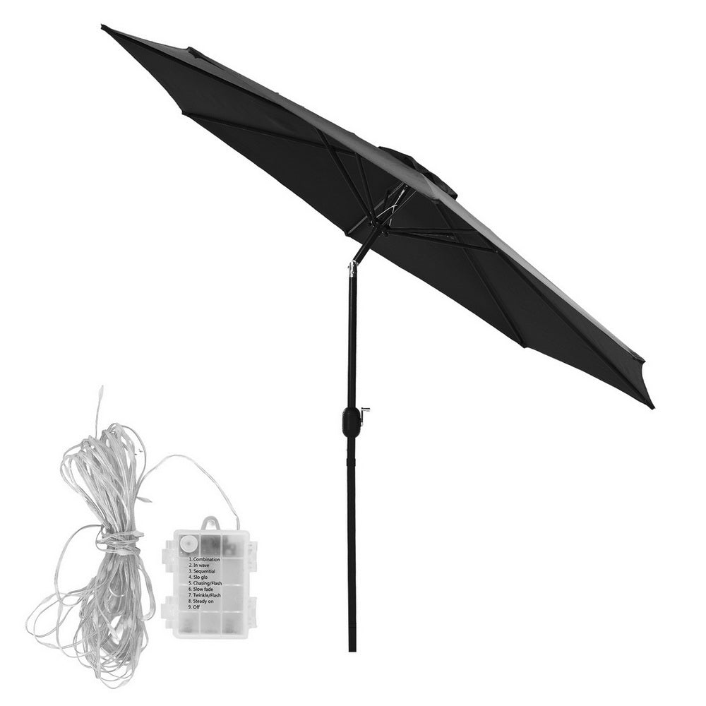 Instahut Outdoor Umbrella 2.9m Market Umbrella with String Light Tilt Black-3