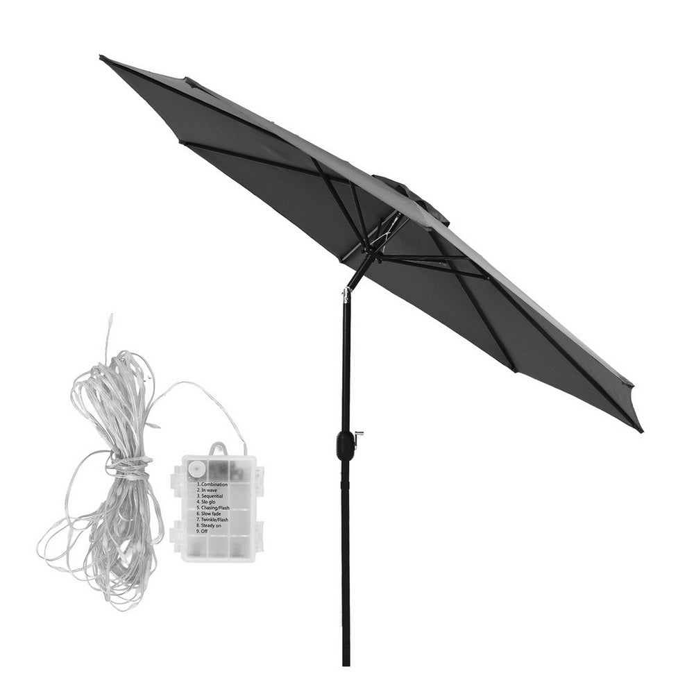 Instahut Outdoor Umbrella 2.9m Market Umbrella with String Light Tilt Charcoal Shade-3