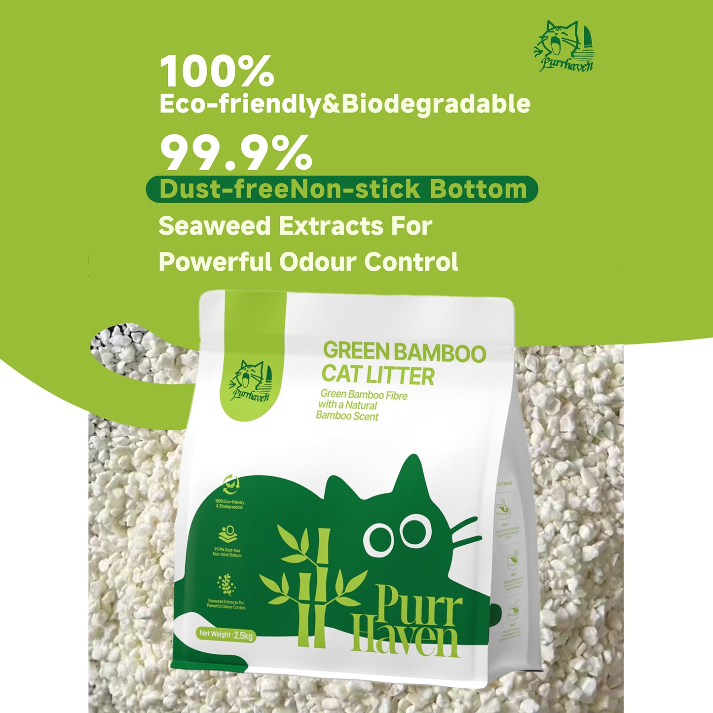 PurrHaven Bamboo Clumping Cat & Kitty Litter, 15kg (6 Pack),Dust Free,Natural Flusable,Easy to Clean,Odour Neutraliser,Rapid Liquid Absorption,Non-Toxic Formula