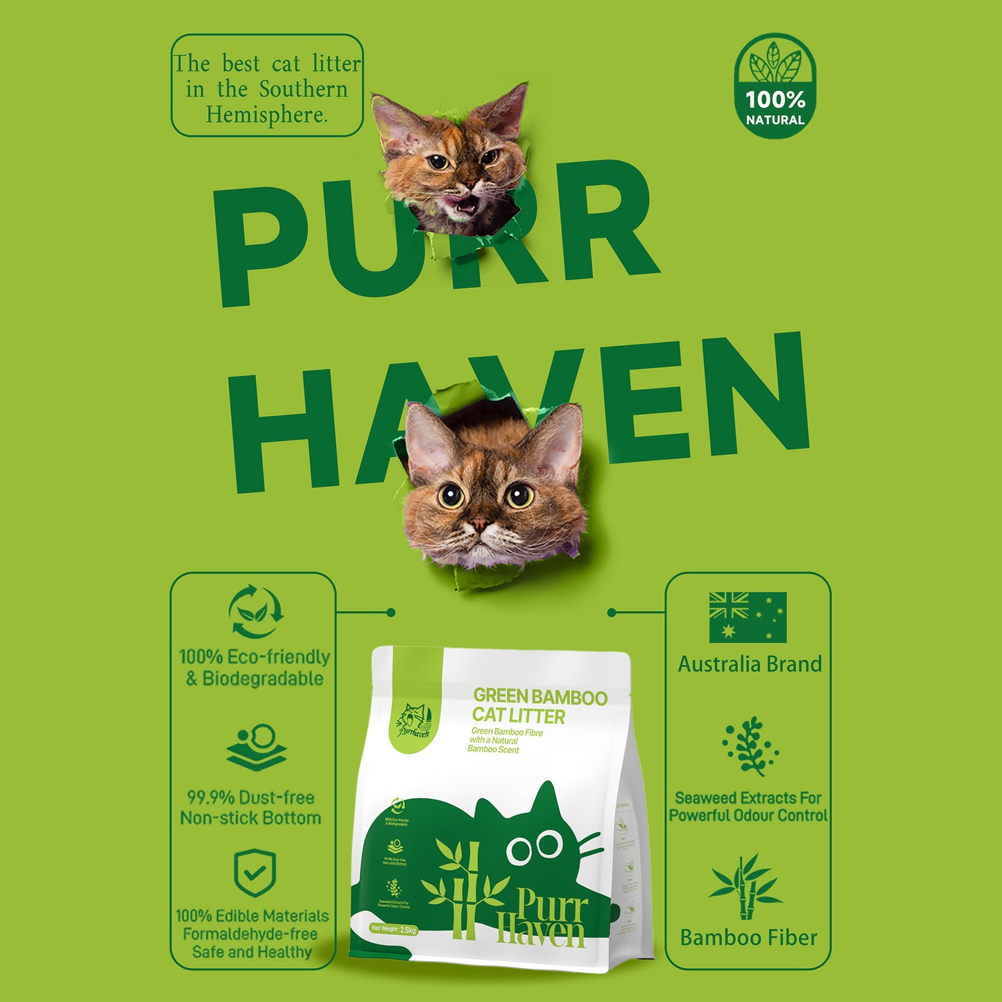 PurrHaven Bamboo Clumping Cat & Kitty Litter, 30kg 12 Pack,Dust Free,Natural Flusable,Easy to Clean,Odour Neutraliser,Rapid Liquid Absorption,Non-Toxic Formula