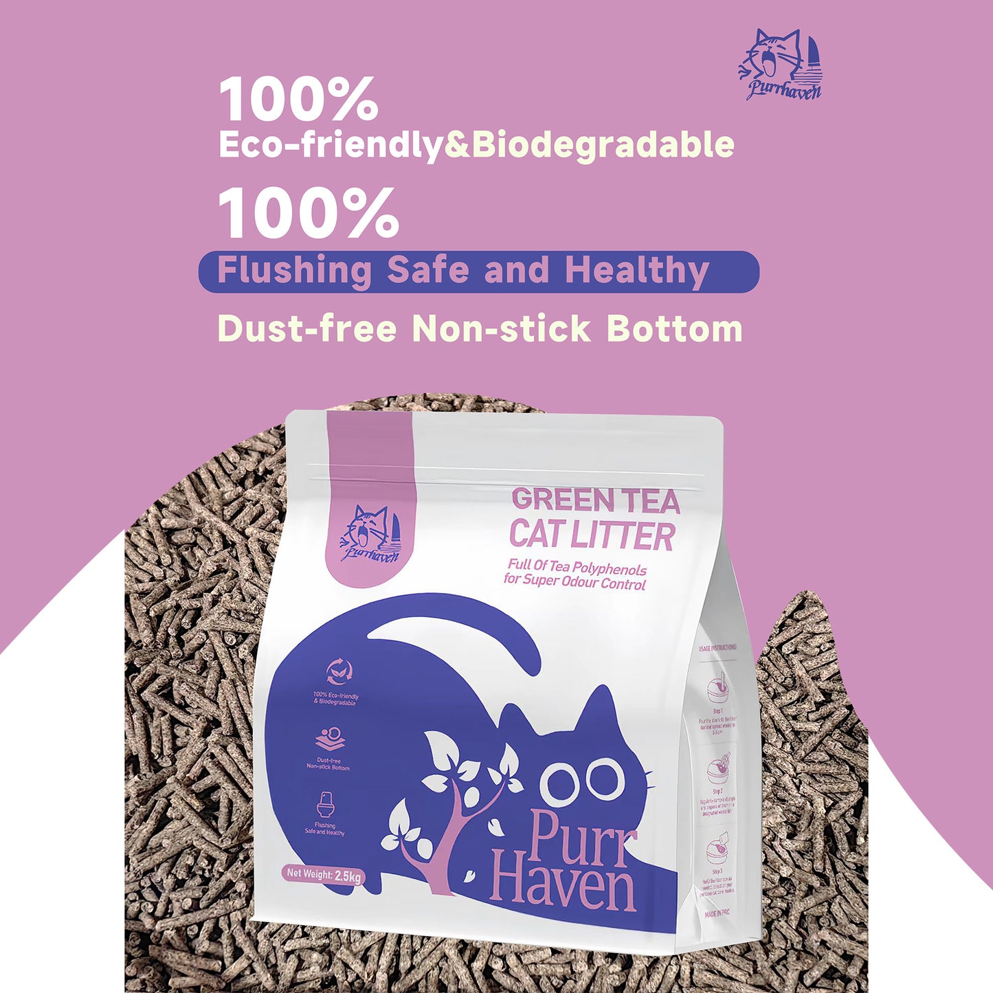 PurrHaven Green Tea Clumping Cat & Kitty Litter, 30kg (12 Pack),Dust Free,Natural Flusable,Easy to Clean,Odour Neutraliser,Rapid Liquid Absorption,Non-Toxic Formula