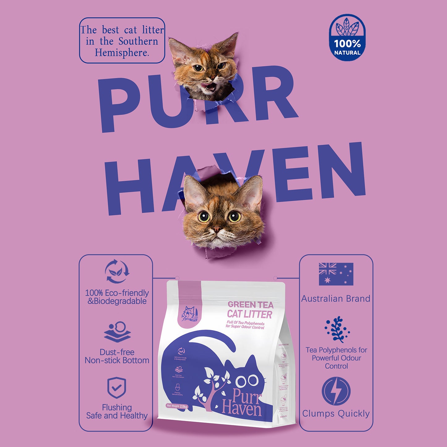 PurrHaven Green Tea Clumping Cat & Kitty Litter, 30kg (12 Pack),Dust Free,Natural Flusable,Easy to Clean,Odour Neutraliser,Rapid Liquid Absorption,Non-Toxic Formula