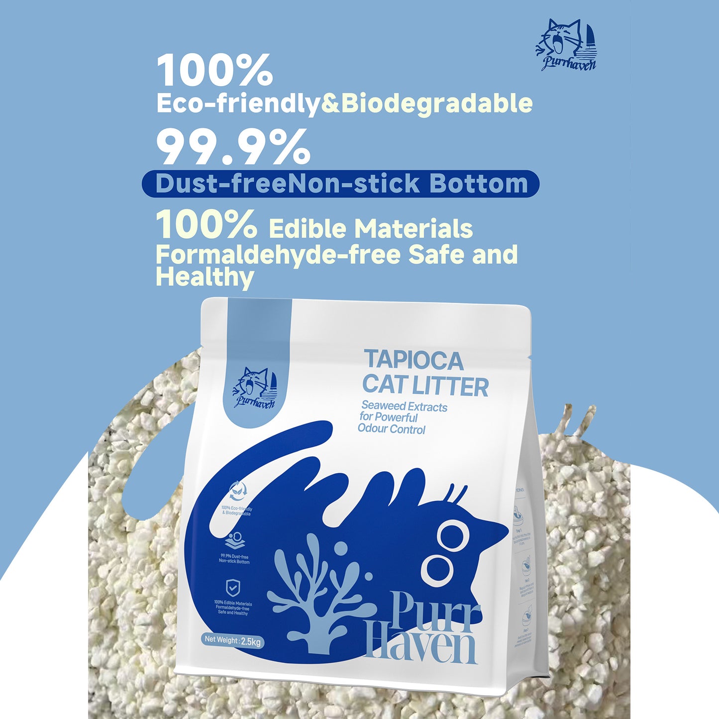 PurrHaven Tapioca Clumping Cat & Kitty Litter, 15kg (6 Pack),Dust Free,Natural Flusable,Easy to Clean,Odour Neutraliser,Rapid Liquid Absorption,Non-Toxic Formula