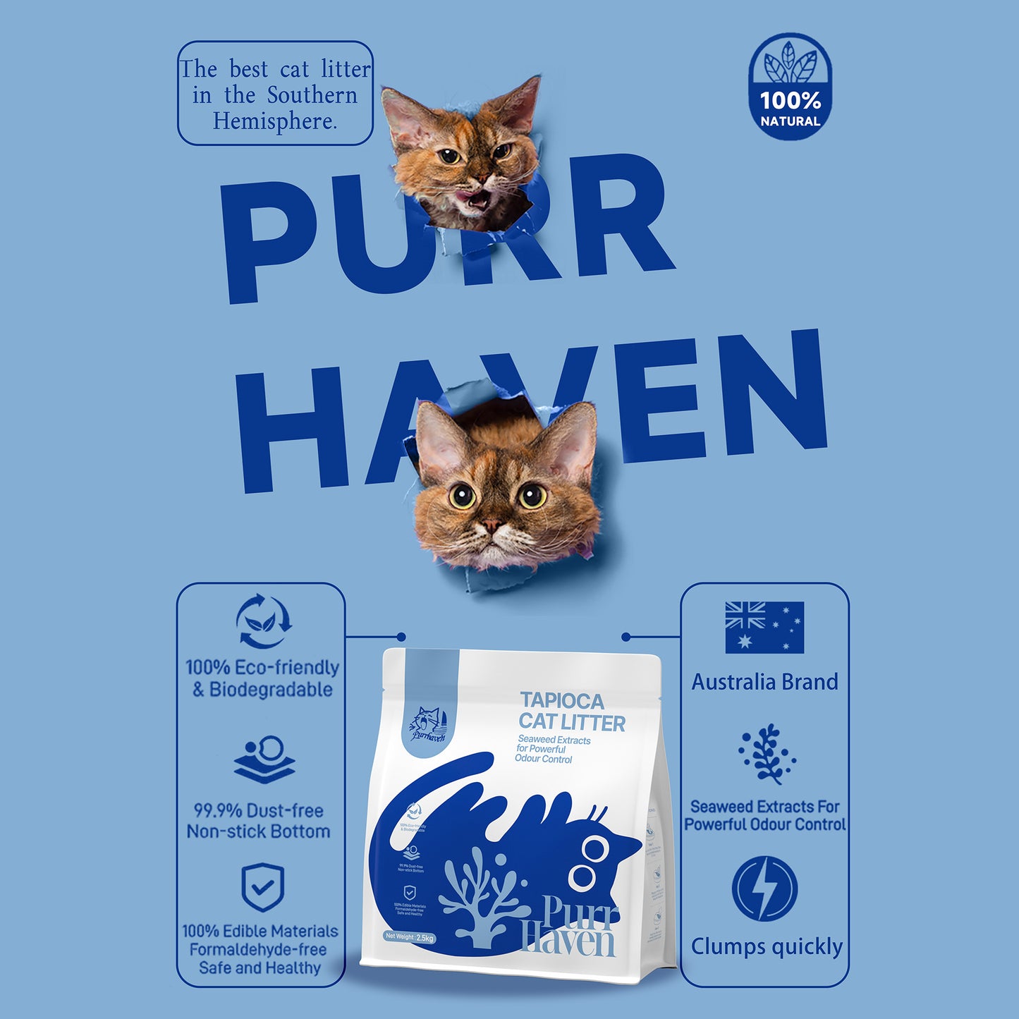 PurrHaven Tapioca Clumping Cat & Kitty Litter, 15kg (6 Pack),Dust Free,Natural Flusable,Easy to Clean,Odour Neutraliser,Rapid Liquid Absorption,Non-Toxic Formula