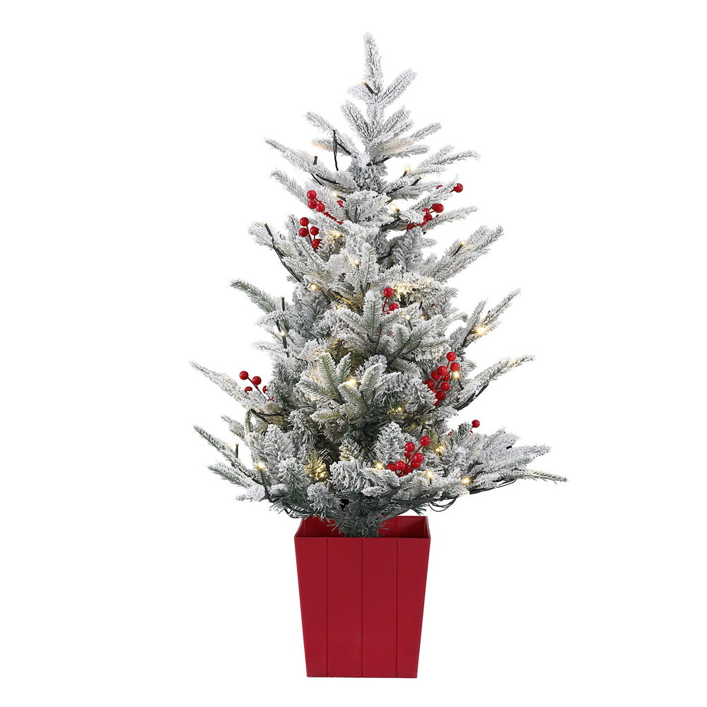 Jingle Jollys Christmas Tree 1M LED Potted Xmas Party Decor Red Barries Flocked-0