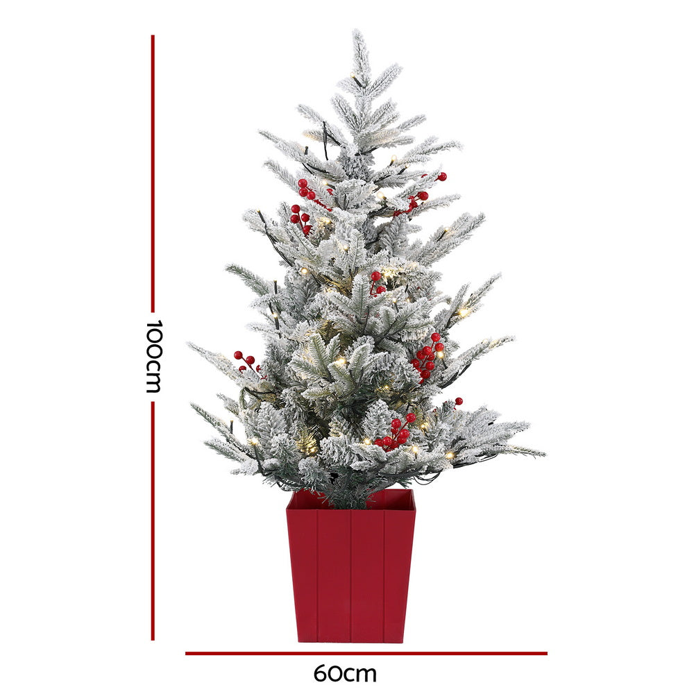 Jingle Jollys Christmas Tree 1M LED Potted Xmas Party Decor Red Barries Flocked-1