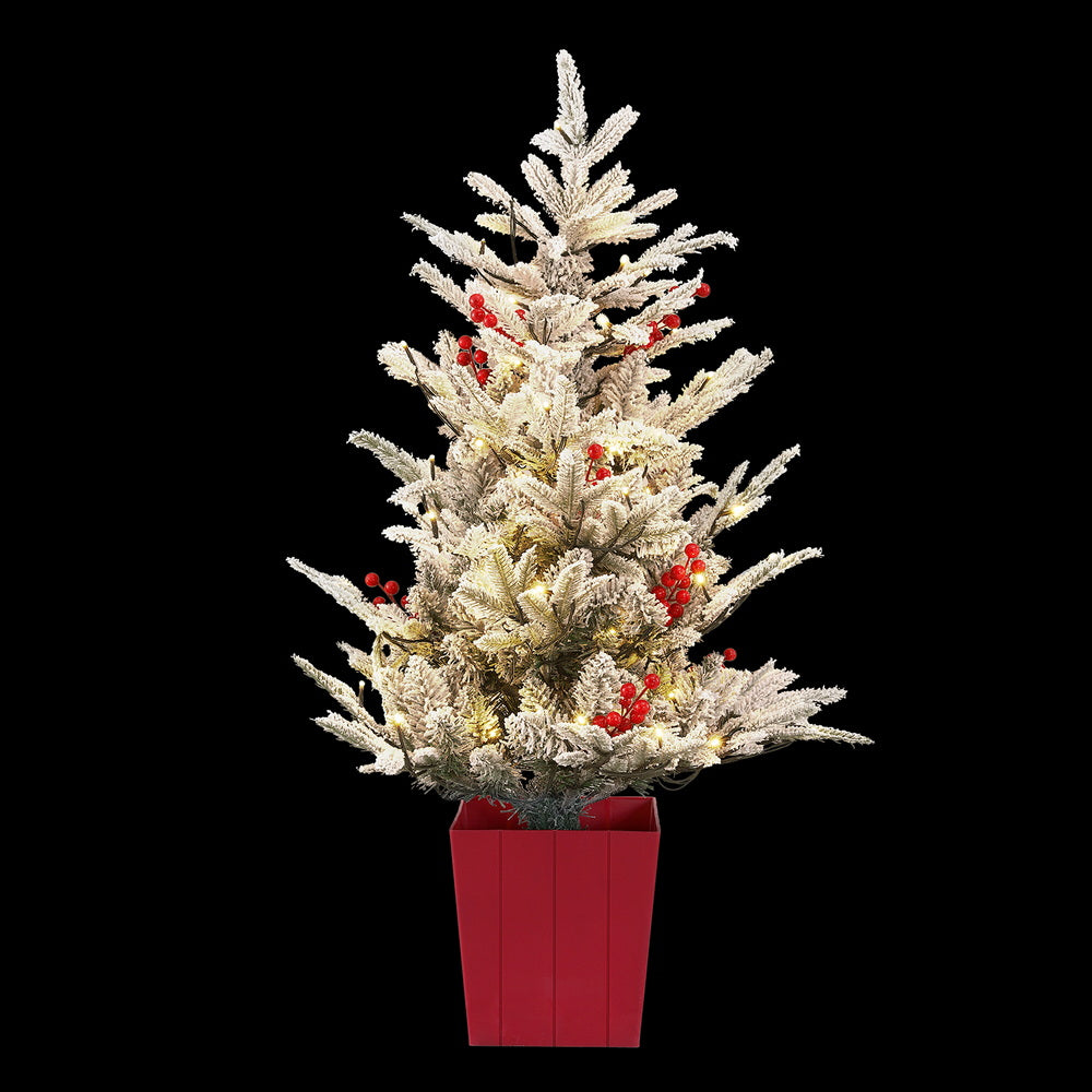 Jingle Jollys Christmas Tree 1M LED Potted Xmas Party Decor Red Barries Flocked-2