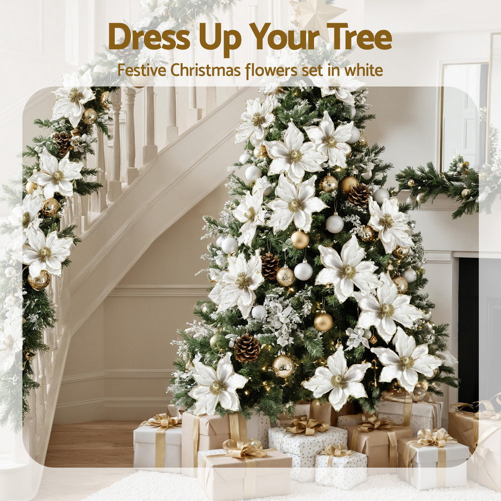 Jingle Jollys 14Pcs Christmas Tree Flower Set Xmas Garland Wreath Magnolia White-3