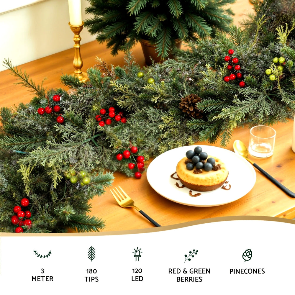 Jingle Jollys 3M Christmas Garland Pre-lit LED with Pine Cones Xmas Decor Green-3