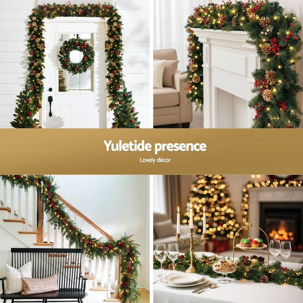 Jingle Jollys 1.8M Christmas Garland Pre-lit LED Pine Cones Berries Xmas Decor-4