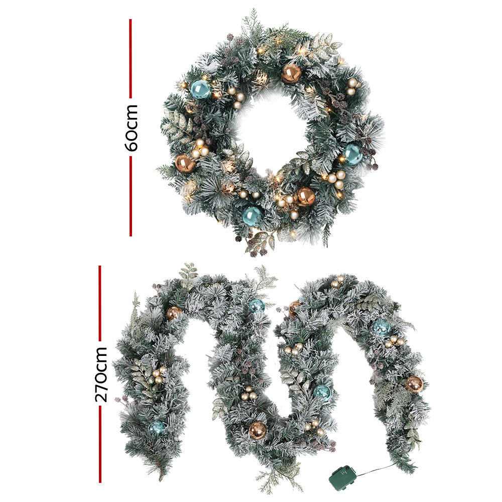 Jingle Jollys 2.7m Christmas Garland with Wreath Set LED Lights Snowy Xmas Decor-1
